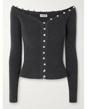 STAUD Keaton Off-The-Shoulder Ribbed Cotton And Wool-Blend Cardigan - Black