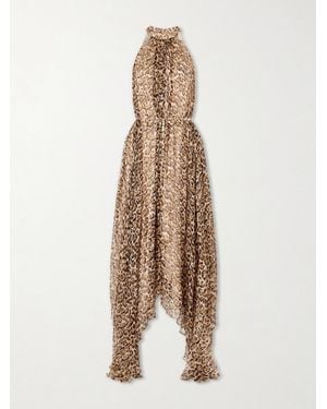 Saloni Irina Asymmetric Belted Leopard-Print Silk Halterneck Midi Dress - Natural