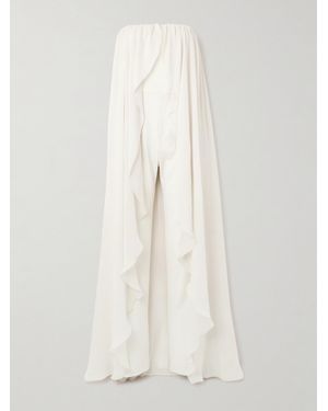 Abadia Liya Trägerloser Jumpsuit Aus Popeline Mit Cape-Effekt Und Chiffonbesatz - Weiß