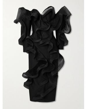 Maticevski Robe Midi Épaules Nues En Laine Et Soie Mélangées À Volants Stem Wave - Noir