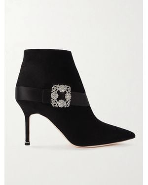Manolo Blahnik Plinianu 90 Crystal-Embellished Satin-Trimmed Suede Ankle Boots - Black