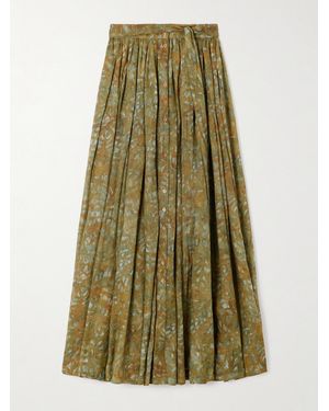 Cortana Lil Pleated Printed Ramie Maxi Skirt - Green
