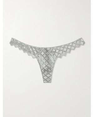 Kiki de Montparnasse Lamine Embroidered Stretch-Silk Tulle Thong - White