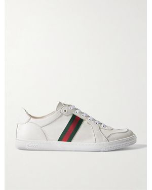 Gucci Distressed Webbing-Trimmed Leather Trainers - White
