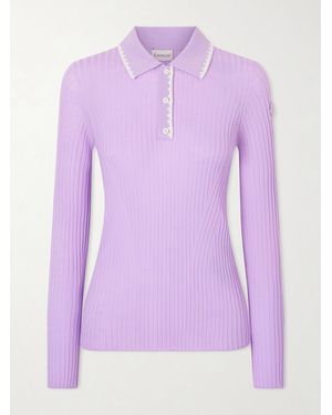 Moncler Appliquéd Embroidered Ribbed Wool Polo Shirt - Purple