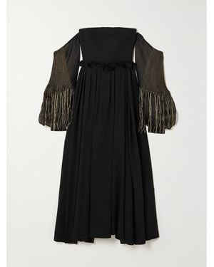 Loewe Off-The-Shoulder Leather-Trimmed Wool And Embroidered Silk-Organza Gown - Black