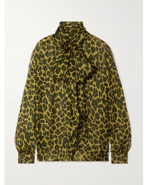 Saint Laurent Blouse En Mousseline De Soie À Imprimé Léopard Et À Nœud Lavallière - Vert