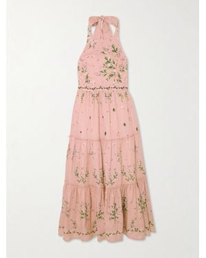 Agua Bendita Consuelo Wisteria Tiered Embroidered Floral-Print Linen Halterneck Midi Dress - Pink