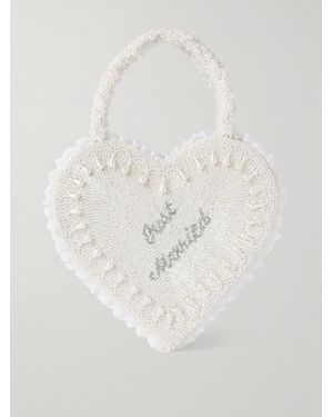 Clio Peppiatt Just Married Lace-Trimmed Beaded Twill Tote - White