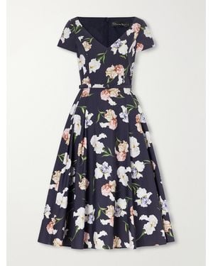 Oscar de la Renta Iris Belted Floral-Print Cotton-Blend Poplin Midi Dress - Blue