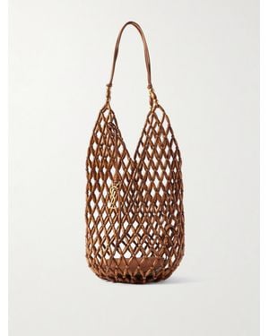 Saint Laurent Leather-Trimmed Beaded Wood Tote - White