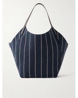 Brunello Cucinelli Reversible Monili-Embellished Pinstriped Leather-Trimmed Denim And Suede Tote - Blue