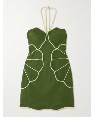 FARM Rio Appliquéd Linen-Blend Halterneck Mini Dress - Green