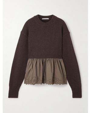 Cecilie Bahnsen Embroidered Cashmere And Wool-Blend And Shell Peplum Jumper - Brown
