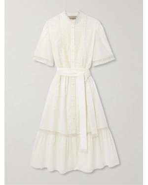 Valentino Garavani Belted Lace-Trimmed Pintucked Cotton-Poplin Midi Dress - Natural