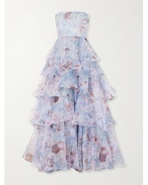 Aje. Gabrielle Strapless Tiered Ruffled Floral-Print Linen-Blend Organza Gown - Purple