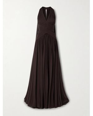 Elie Saab Robe Du Soir Effet Cape En Georgette De Soie À Fronces - Marron