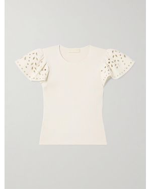 Ulla Johnson Edith Embroidered Ruffled Ribbed-Knit Top - Natural