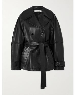 Rohe Doppelreihige Lederjacke Mit Bindegürtel - Schwarz