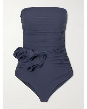 Magda Butrym Strapless Appliquéd Gathered Swimsuit - Blue