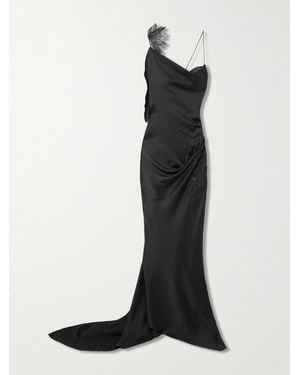 Victoria Beckham Asymmetrische Robe Aus Satin Mit Spitzenbesätzen, Pailletten Und Raffungen - Schwarz
