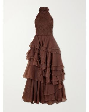 Aje. Fayette Tiered Ruffled Crepon Halterneck Gown - Brown