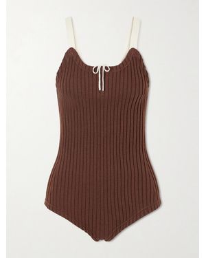 Tory Burch Color-Block Ribbed-Knit Wool And Cotton-Blend Bodysuit - Brown