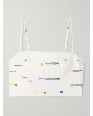 STAUD Federico Cropped Printed Linen Top - White