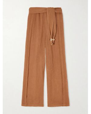 Lisa Marie Fernandez Embellished Belted Crinkled Linen-Blend Gauze Trousers - Brown