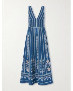 Emporio Sirenuse Nellie Embroidered Cotton And Linen-Blend Maxi Dress - Blue