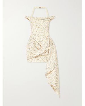 ALÉMAIS Paula Draped Asymmetrical Printed Moire Mini Dress - Natural
