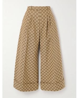 Gucci Cropped Pleated Cotton-Blend Canvas-Jacquard Wide-Leg Trousers - Natural