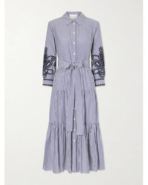 Carolina Herrera Belted Tiered Embroidered Striped Cotton-Poplin Midi Dress - Blue