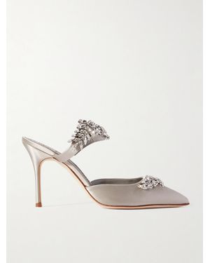 Manolo Blahnik Lurum 90 Crystal-Embellished Satin Mules - White
