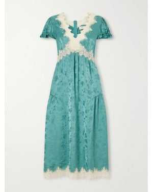 Sea Shay Gathered Lace-Trimmed Floral-Jacquard Midi Dress - Blue