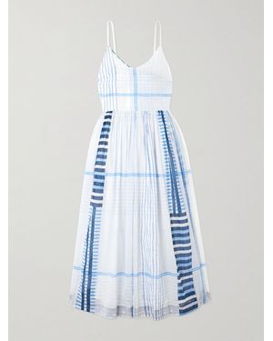 Eka Caprice Shirred Striped Cotton-Voile Midi Dress - Blue
