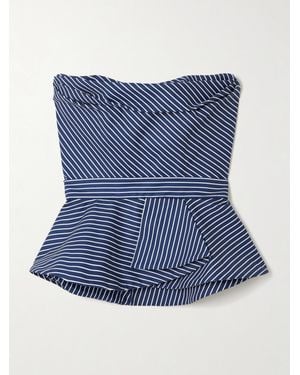 ANDRES OTALORA Alborada Strapless Striped Stretch Cotton-Twill Peplum Top - Blue