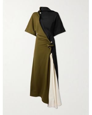 Bottega Veneta Draped Asymmetric Color-Block Satin Dress - Green