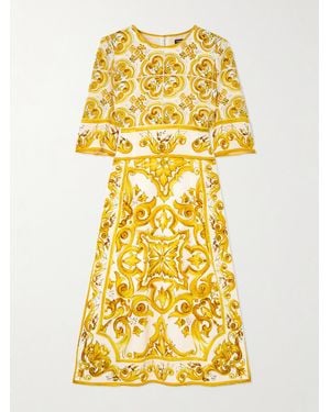 Dolce & Gabbana Maiolica Midikleid Aus Bedruckter Charmeuse Aus Einer Seidenmischung - Gelb