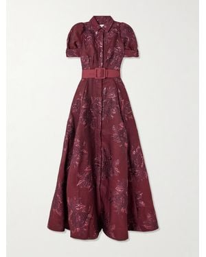 Rebecca Vallance Arlette Belted Metallic Cloqué Gown - Purple