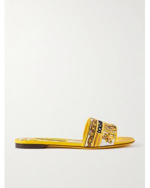 Dolce & Gabbana Maiolica Bianca Embroidered Leather-Trimmed Canvas Slides - Yellow