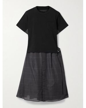 Sacai Belted Cotton-Jersey And Checked Voile Midi Dress - Black