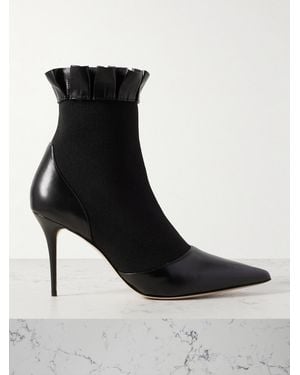 Manolo Blahnik Nafar 90 Stretch-Knit And Ruffled Leather Point-Toe Ankle Boots - Black