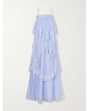 Aje. Ophelia Lace-Trimmed Ruffled Chiffon Gown - Blue