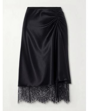 SIR. Ingrid Lace-Trimmed Ruched Satin Midi Skirt - Black
