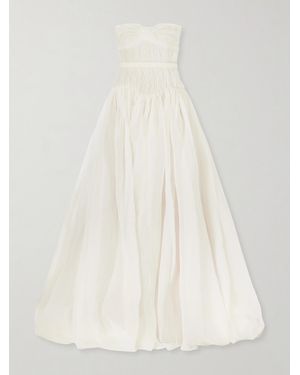Danielle Frankel Strapless Bustier Crinkled Silk-Organza Gown - White