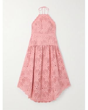 FARM Rio Palm Tree Scalloped Broderie Anglaise Cotton Midi Dress - Pink