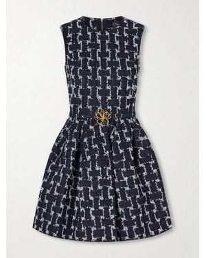 Oscar de la Renta Belted Frayed Checked Denim Mini Dress - Blue