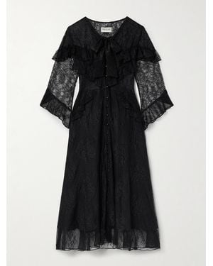 Maison Mayle Majorelle Tie-Neck Ruffled Chantilly Lace Maxi Dress - Black