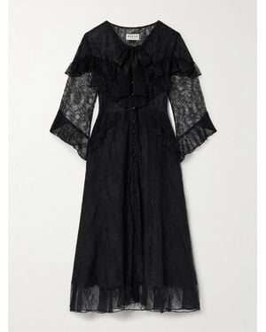 Maison Mayle Majorelle Tie-Neck Ruffled Chantilly Lace Maxi Dress - Black